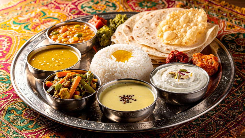 A lavish traditional Gujarati thali with multiple small bowls of vegetarian dishes
