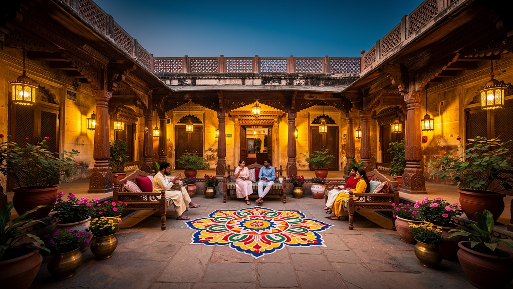 A beautifully restored heritage haveli courtyard in North Gujarat with carved wooden pillars and warm evening lights
