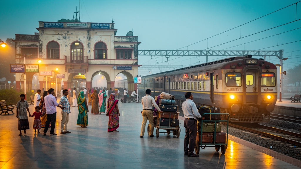 Passengers at a Gujarat railway station platform with a train arriving in the early morning
